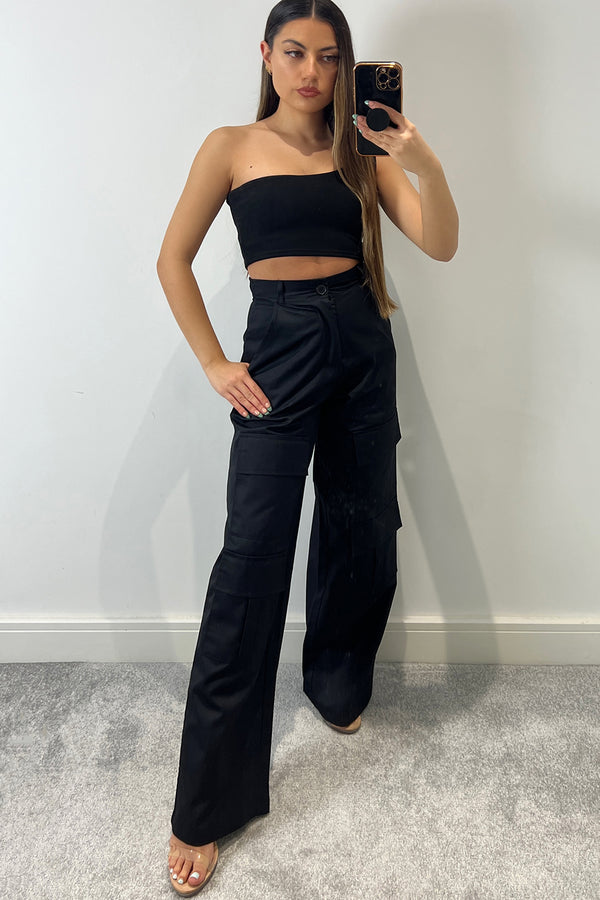 Larnie Black Double Pocket Wide Leg Cargo Trousers